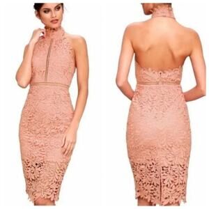 Lulu's Pink Lace Devine Destiny Choker Neckline Halter Dress